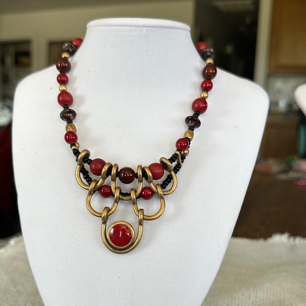 Chico's Dark Red Glass and Wood Beads and Brushed Gold Statement Necklace